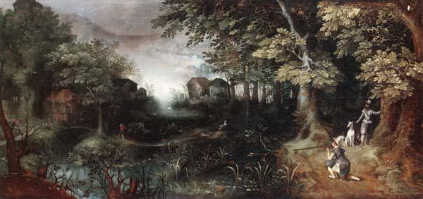 Claes Dircksz.van er heck A wooded landscape with huntsmen in the foreground,a town beyond Sweden oil painting art